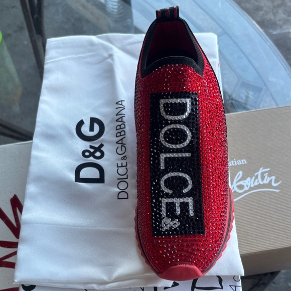 Dolce & Gabbana Red Crystal Embellished Sneakers - Picture 1 of 5